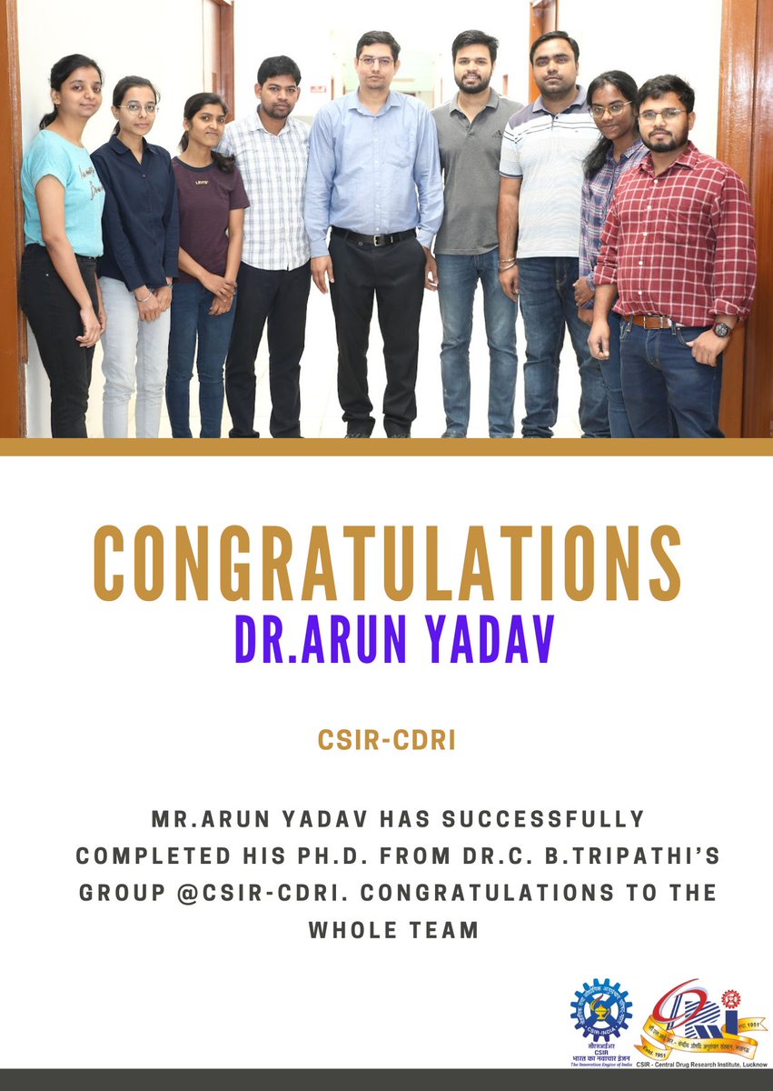🎓 Congratulations to Mr. Arun Yadav <a href="/arunyadav092/">Arun yadav</a> on successfully completing his Ph.D. under the guidance of Dr. C. B. Tripathi <a href="/CSIR_CDRI/">CSIR-CDRI</a>! 👏 Kudos to the entire team  for this remarkable achievement! <a href="/Chandra_CDRI/">Chandra Bhushan Tripathi</a>  🌟