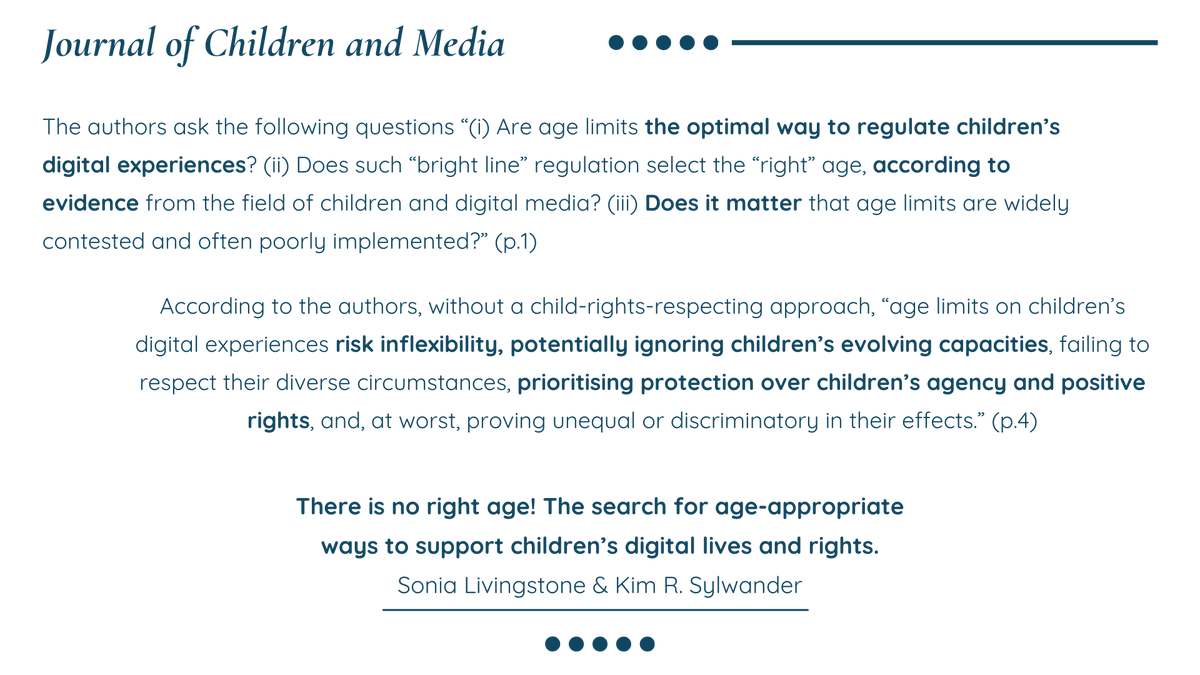 J Children and Media @journalcam.bsky.social (@jocam_online) on Twitter photo Part of this set are <a href="/Livingstone_S/">Sonia Livingstone</a> & Kim Sylwander, who question if age limits are the best way to protect children online. They argue that these arbitrary rules ignore children's views and evidence about children's development and well-being. (2/7)
tandfonline.com/doi/full/10.10… Part of this set are <a href="/Livingstone_S/">Sonia Livingstone</a> & Kim Sylwander, who question if age limits are the best way to protect children online. They argue that these arbitrary rules ignore children's views and evidence about children's development and well-being. (2/7)
tandfonline.com/doi/full/10.10…