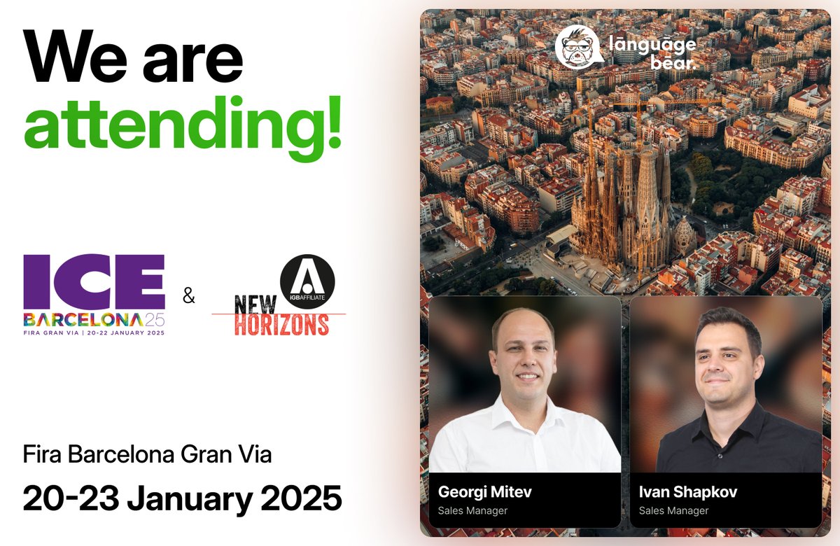 languagebearcom's tweet image. Our sales team starts the year with two major events in beautiful Barcelona. Book a meeting with Ivan Shapkov or Georgi Mitev using the links below. See you there! 

ICE 2025: bit.ly/ice2025
iGB 2025: bit.ly/igba2025

#ICE #ICE2025 #ICEBarcelona #iGBA25