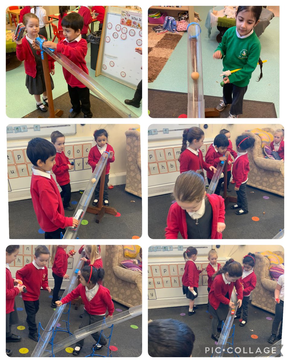 It was too icy to go outside today, so Reception class brought the water tubes in from outside to race their cars down. The children then decided to find sphere shaped objects from around the classroom that they could use to roll down the tubes. Great job!