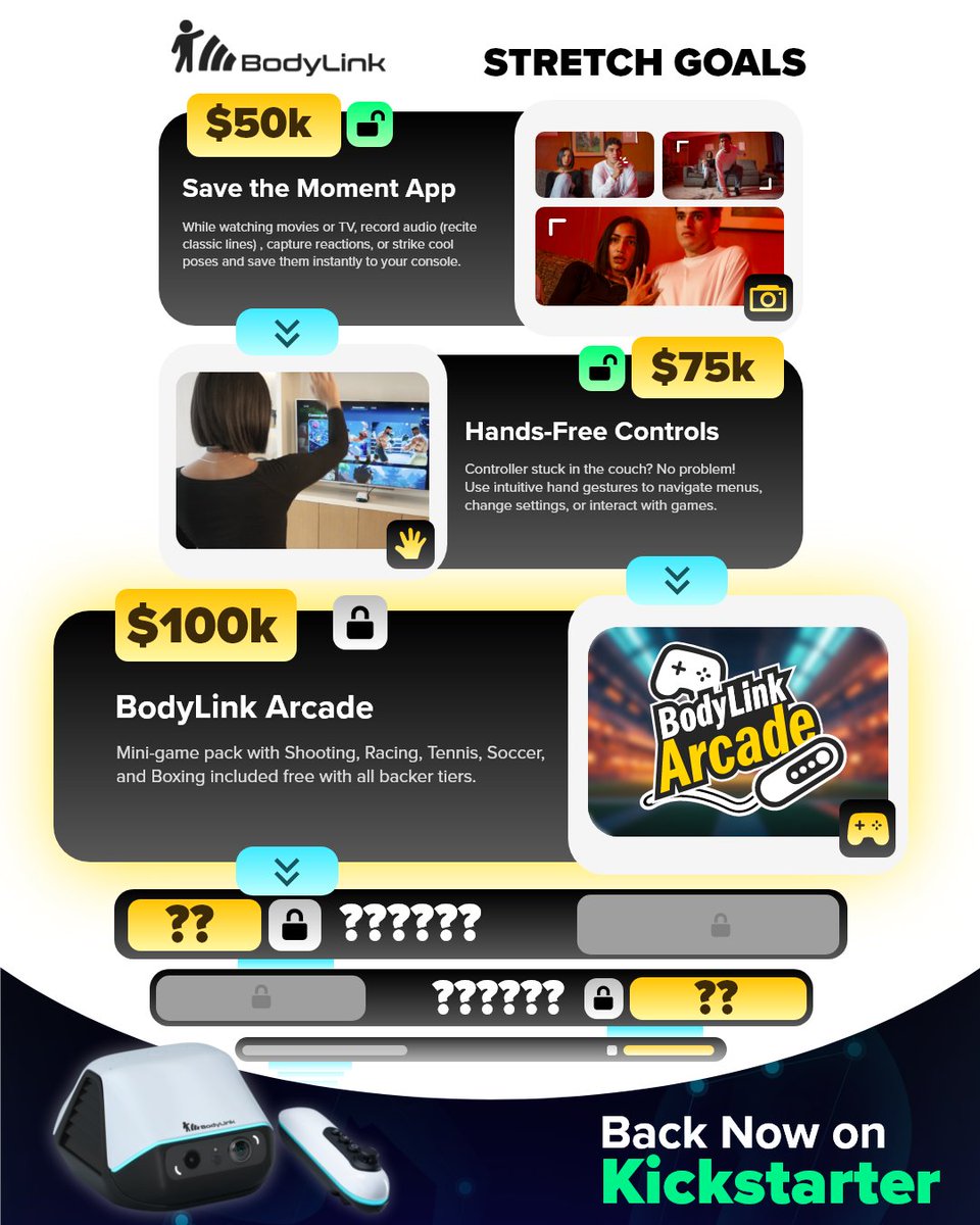 🔓Stretch Goal Unlocked: Hands-Free Controls👋

Controller stuck in the couch? No problem!
Use intuitive hand gestures to navigate menus, change settings or interact with games!
Unlock More on #Kickstarter: bit.ly/40tPOVO

#BodyLink #VR #console #android #motiongame