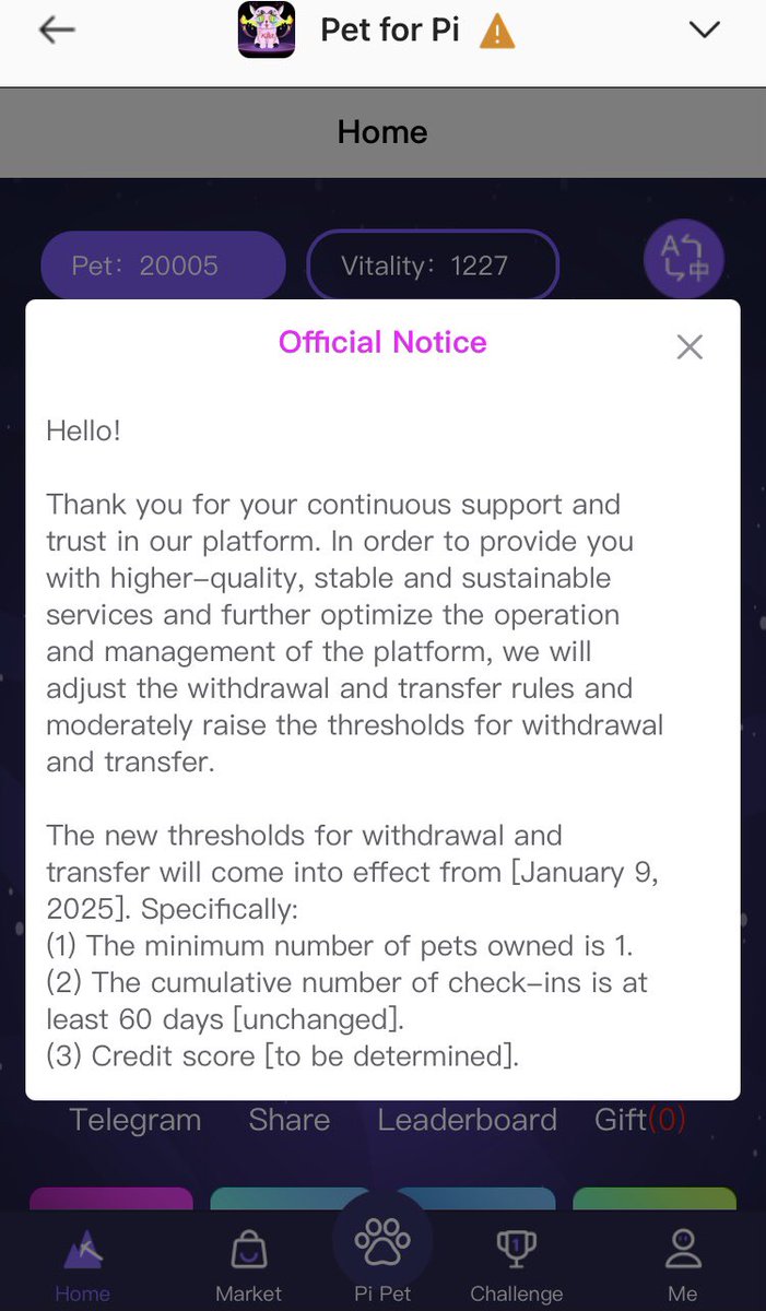 wizzy1743's tweet image. Recent update from @PiSuperChain on withdrawals and in-app transfer requires pioneers to: 👇

1. Hold a minimum of 1pet NFT 
2.Must have checked-in for 60days
3. Credit score (To be determined) 

@PiCoreTeam #PiNetwork #SupportPiApps