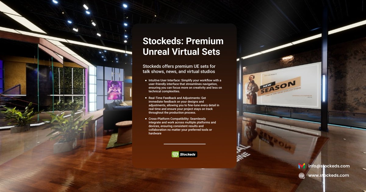 Stockeds113439's tweet image. From Talk shows to podcasts, Unreal Engine virtual sets offer the perfect backdrop for your show. 🌟 #VirtualSets #UnrealEngine #Broadcasting
Visit our website : stockeds.com