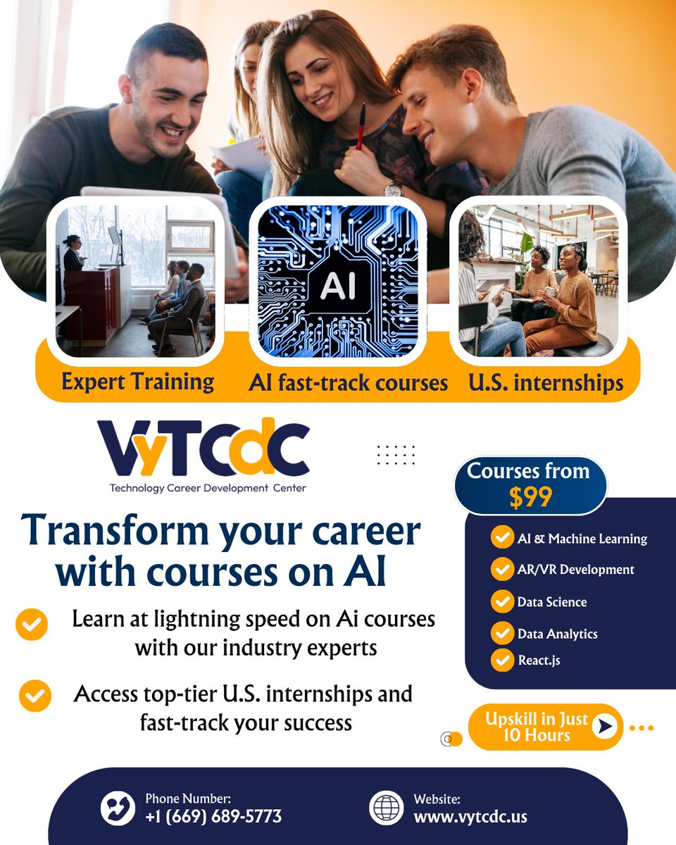 Vytcdcusa2002's tweet image. Transform your passion into expertise with fast-track courses in AI, Data Analytics, and React.js, guided by top industry experts. Land U.S. internships, supercharge your skills, and set your career ablaze - all starting at $99.