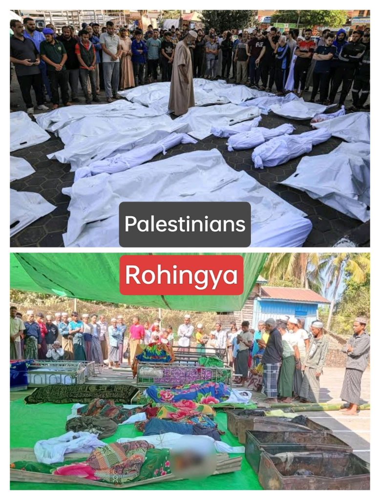 md_yasiein's tweet photo. The plight of the #Rohingya and #Palestinians serves as stark reminders of the ongoing persecution and oppression faced by marginalized groups worldwide.
In Arakan State, the deliberate targeting of Rohingya villages, such as the bombing in #KyakniMaw village recently, Ram Bay town, which claimed the lives of 41 innocent people and injured over 20, exemplifies the brutality faced by this minority community. Similarly, Palestinians suffer systemic oppression, forced displacement, and violence in their homeland, highlighting the urgent need for justice and protection for both groups.

The international community must act to halt the genocide of the Rohingya and address the persecution of Palestinians, ensuring the fundamental rights and dignity of these communities are upheld.

#Rohingya_Palestinians