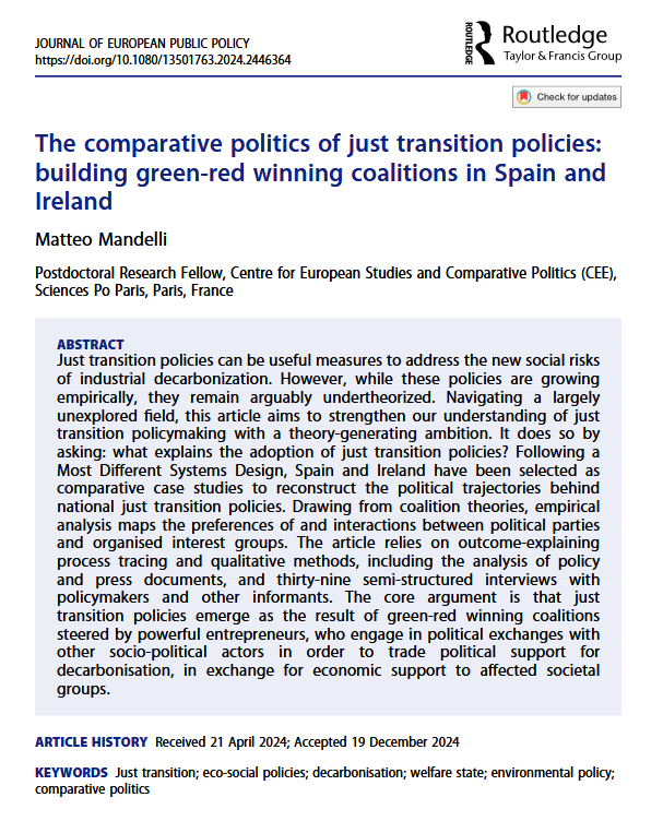 SciencesPo_CEE's tweet image. #VendrediLecture 📚
How do just transition policies emerge?
By comparing 🇪🇸 and 🇮🇪, Matteo Mandelli shows they are championed by coalitions of advocates of the green transition and representatives of the social groups most impacted by this transition.
tandfonline.com/doi/full/10.10…