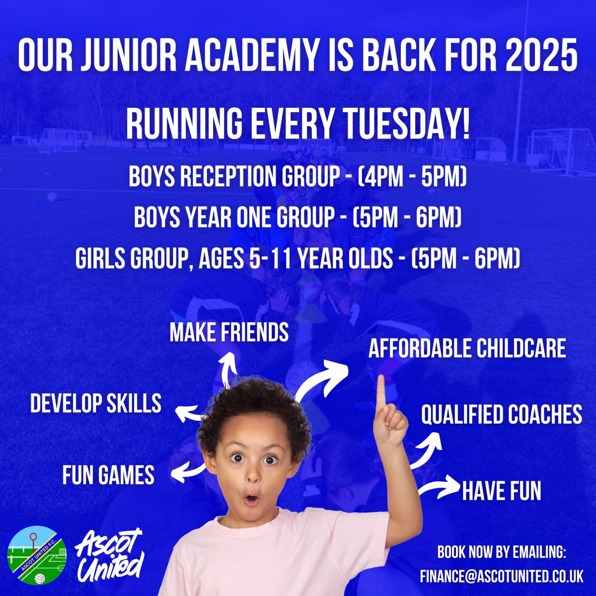AscotUnitedFC's tweet image. Our junior academy is back for 2025! 👶⚽

Running every Tuesday (term time only):
Boys Reception Group - (4pm - 5pm)
Boys Year One Group - (5pm - 6pm)
Girls Group, ages 5-11 year olds - (5pm - 6pm)

Fun Games, Develop Skills, Make Friends, Affordable Childcare, Qualified Coaches…