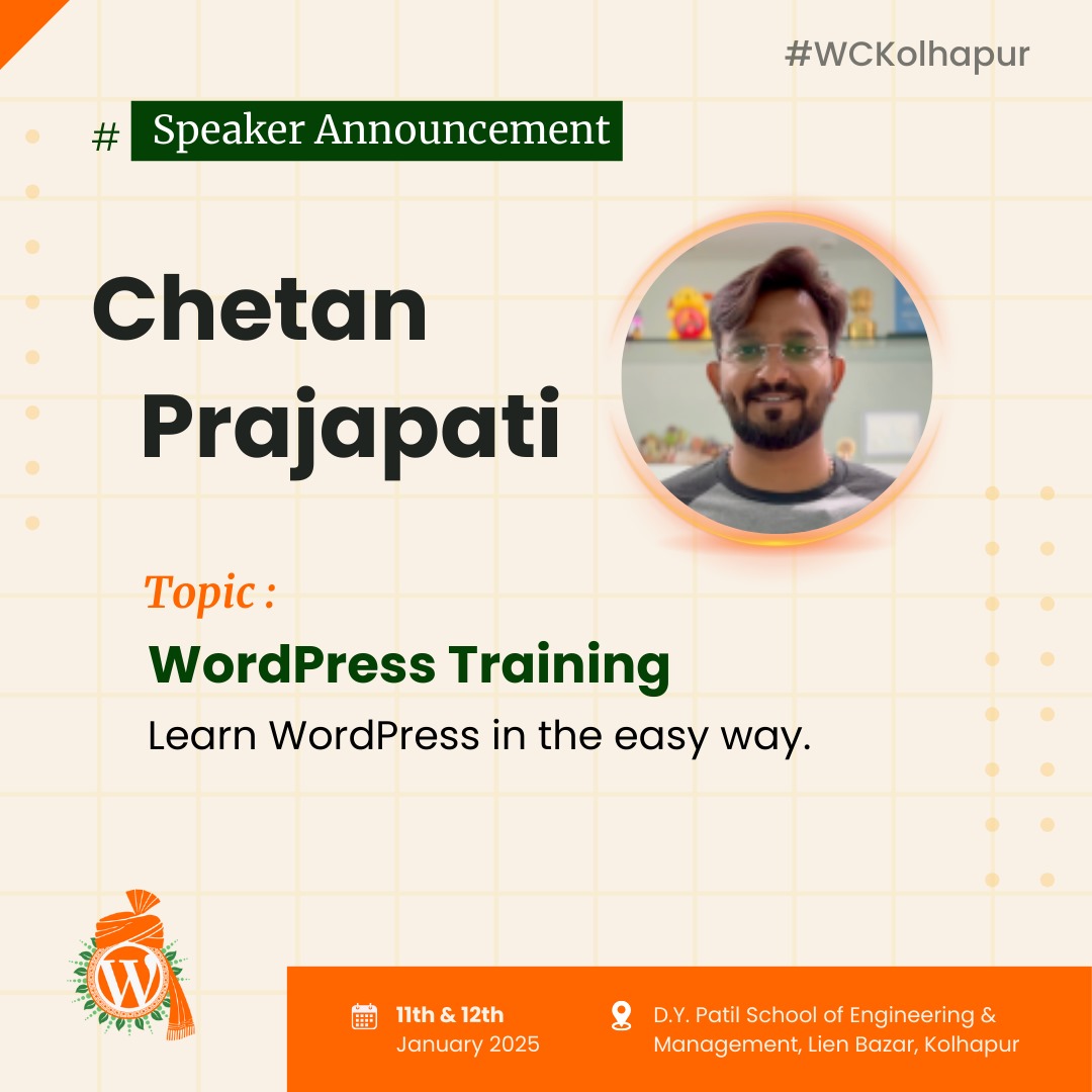 WPKolhapur's tweet image. 🎓 Excited to announce @iamchetanp as a speaker at #WCKolhapur 2025!
Join his session:
"WordPress Training: Learn or Teach WordPress in an Easy Way"
📅 Jan 12, 2025 | 12:15 PM IST
📍 Track 2 (Classroom)
🔗 Learn more: kolhapur.wordcamp.org/2025/?p=4164
#LearnWordPress #TeachWordPress