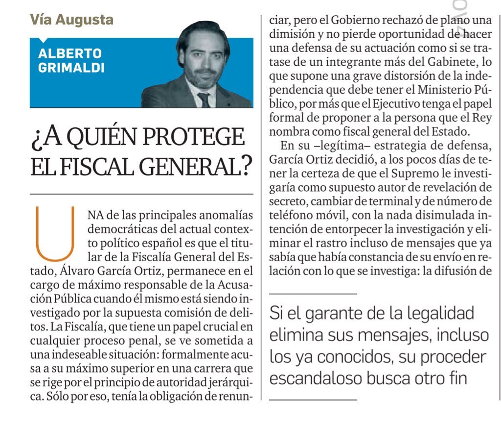 A_Grimaldi's tweet image. Columna de opinión #VíaAugusta en @GrupoJoly: ¿A quién protege el fiscal general?
Si el garante de la legalidad elimina sus mensajes, incluso los ya conocidos, su proceder escandaloso busca otro fin
Léala gratis y bajo registro aquí 👇🏻
diariodesevilla.es/opinion/articu… vía @diariosevilla