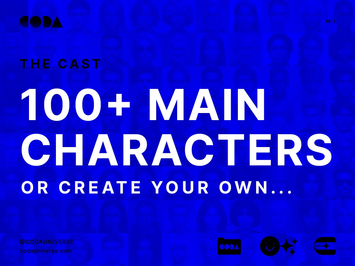 A graphic reading "100+ main characters, or create your own" over a grid of character portraits.
