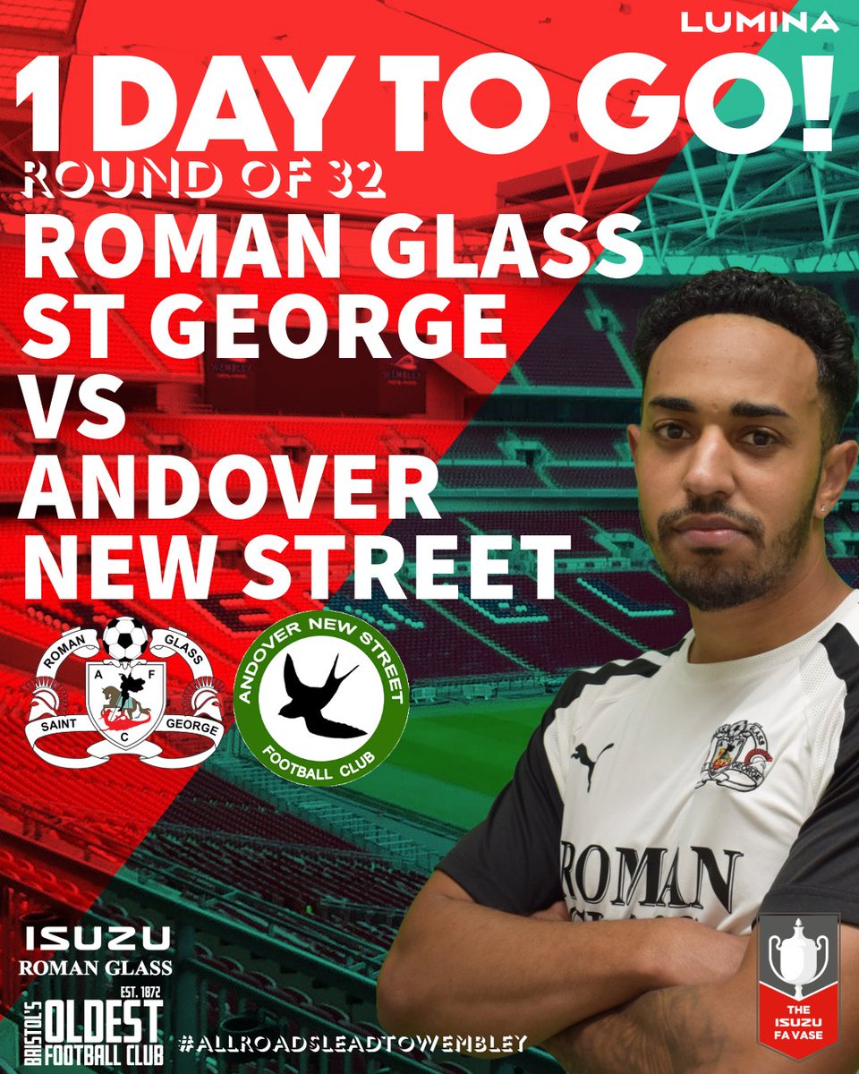Roman Glass St. George ๐๐ช๐ด๓ ง๓ ข๓ ฅ๓ ฎ๓ ง๓ ฟ (@romanglassfc) on Twitter photo ๐๐๐๐ ๐๐๐๐๐ - ONE DAY MORE!
And its only a day remaining till our FA Vase Round of 32 clash with Andover New Street, Bristol's biggest 15:00 kick off!
With <a href="/BristolCity/">Bristol City FC</a> kicking off at 12, and <a href="/Official_BRFC/">Bristol Rovers</a> not until Sunday, there's no better way for a football fan to ๐๐๐๐ ๐๐๐๐๐ - ONE DAY MORE!
And its only a day remaining till our FA Vase Round of 32 clash with Andover New Street, Bristol's biggest 15:00 kick off!
With <a href="/BristolCity/">Bristol City FC</a> kicking off at 12, and <a href="/Official_BRFC/">Bristol Rovers</a> not until Sunday, there's no better way for a football fan to