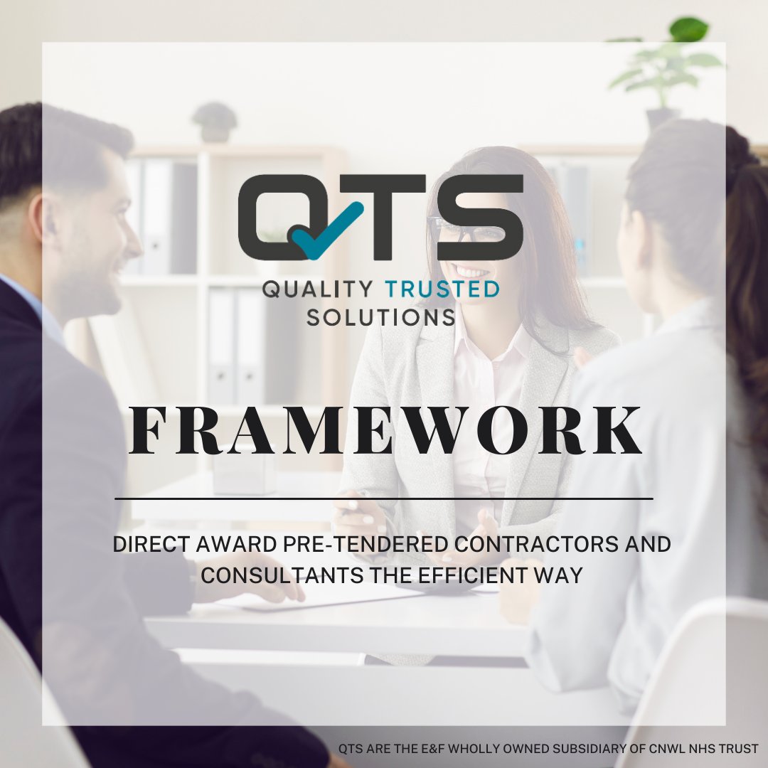 Quality Trusted Solutions (@quality_trusted) on Twitter photo Did you know that with our Framework you can Direct Award to pre-tendered consultants and contractors in no time?
Quick, efficient, and easy to use!
Email cnwl.qts.enquiries@nhs.net for more information. Did you know that with our Framework you can Direct Award to pre-tendered consultants and contractors in no time?
Quick, efficient, and easy to use!
Email cnwl.qts.enquiries@nhs.net for more information.