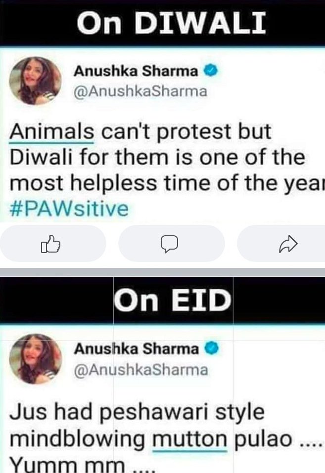 His Wife Anushka Sharma, Also From The Bollywood Gang, Same Hypocrisy, Giving Gyan On Diwali But Eating Animals In Hotels..