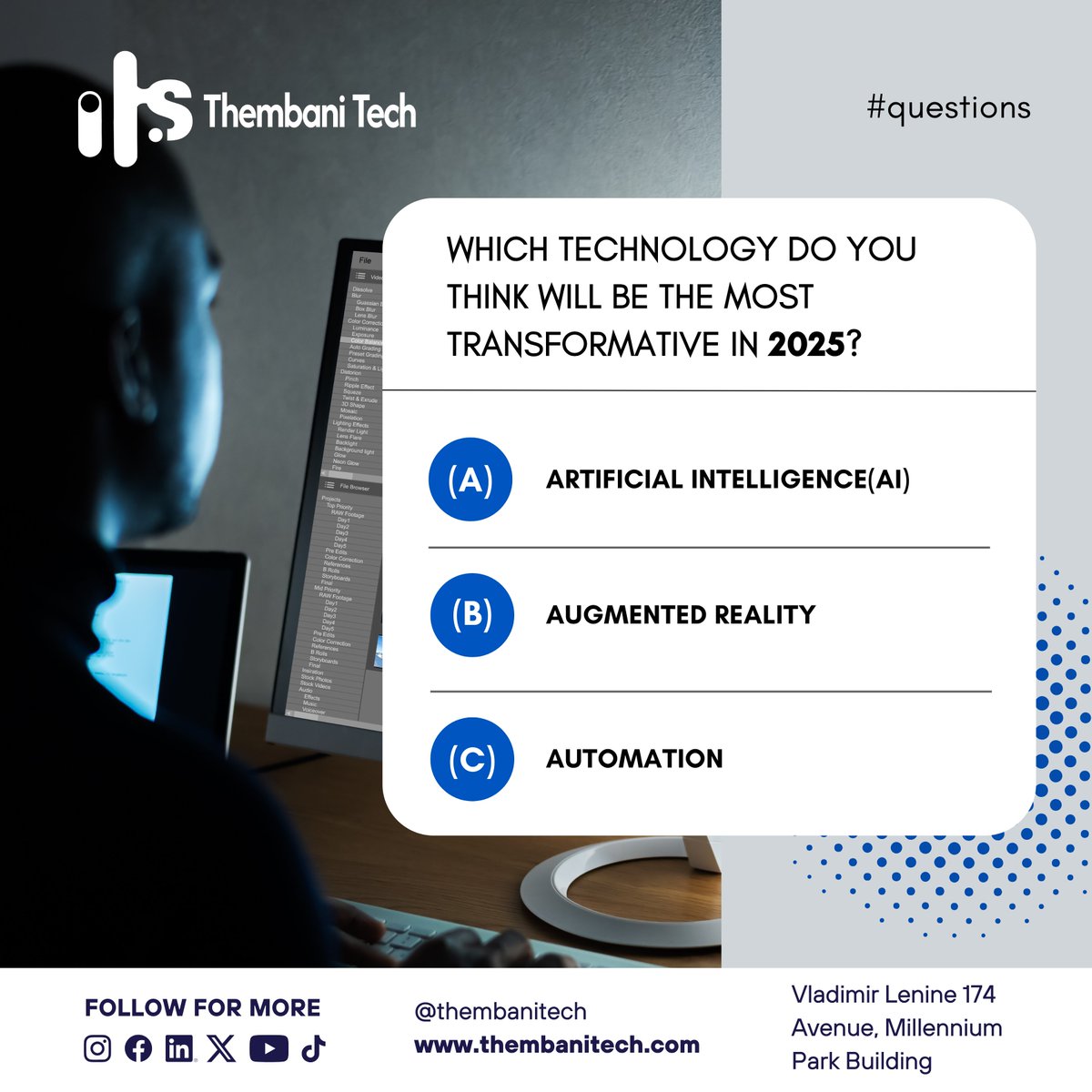 ThembaniTech's tweet photo. Leave your answer in the comments and tag someone who needs to join this conversation! Thembani Tech is ready to explore the future with you.
#DigitalFuture #TechnologyInteraction #ThembaniTech #TechTrends #BusinessSolutions https://t.co/bz7AYs1JEc