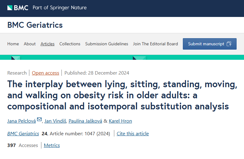 We are delighted to share our new paper 🤩
Our analyses suggest that even a small shift from lying or sitting to light movement or walking may be associated with lower BMI (ages 65+).
Discover the details in #BMCGeriatrics:
doi.org/10.1186/s12877…
Congrats <a href="/jana_pelclova/">Jana Pelclova</a> et al.🥳
