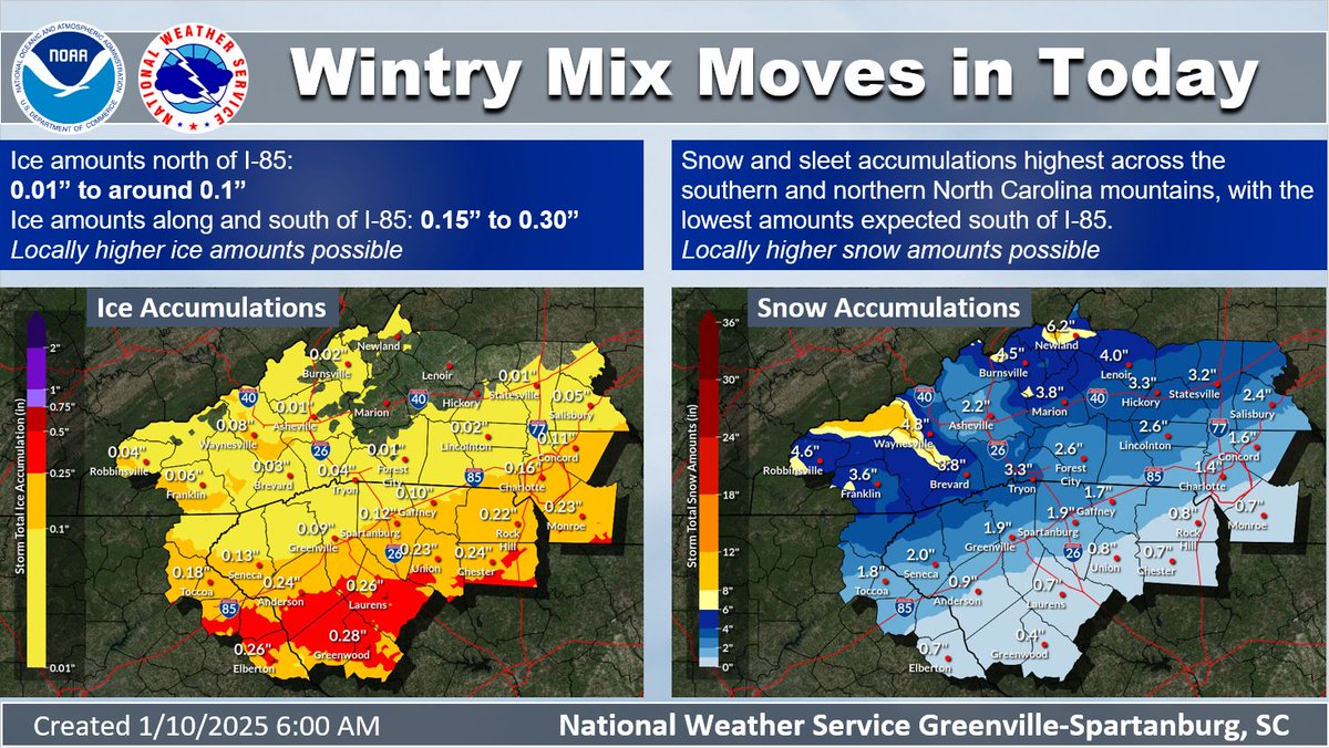 A mix of winter weather is heading into the area this morning. Snow, sleet, and ice are all expected through tonight. Winter Storm Warning in effect 7 AM today - 7 AM Saturday. If you need to drive, take it slow in the snow.
#ncwx #scwx #gawx
