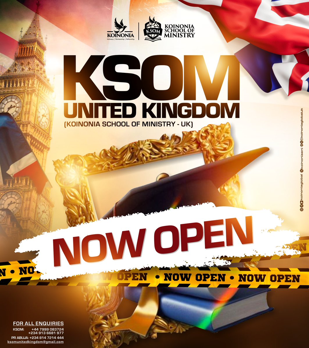 We are excited to inform you that the application portal for the KOINONIA SCHOOL OF MINISTRY (KSOM)  - UNITED KINGDOM 🇬🇧 is NOW OPEN!

Dearly beloved,

Please visit the portal koinoniaschoolofministry.org.uk to initiate your application process, or share this post with individuals who