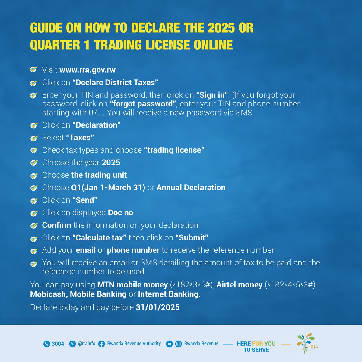 rrainfo's tweet image. Dore uko wamenyekanisha umwaka wa 2025 cyangwa igihembwe cya 1 cy'ipatanti.
-------------------------------------------------
Guide on how to declare the 2025 or Quarter 1 trading license.