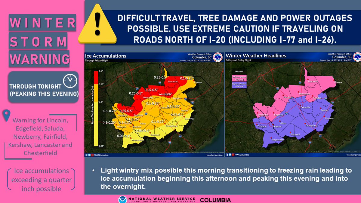 A light wintry mix will move in this morning but will transition to freezing rain which will lead to significant ice accumulation this afternoon into tonight. Travel will be dangerous, especially in the warning area. Power outages and tree damage is possible. #scwx #gawx #caewx