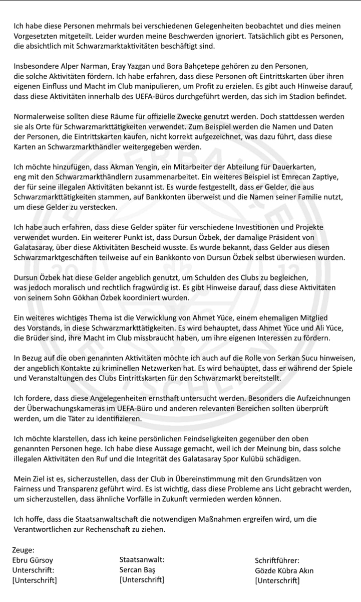 Die Zeugenaussage einer langjährigen Mitarbeiterin von Galatasaray zum Thema Schwarzmarkt. Diese sollte nicht nur auf Türkisch existieren. Darum haben wir es euch auf deutsch übersetzt. TEILEN kostet nichts. Je mehr es lesen, desto mehr schauen da hin.

 #KARABORSA