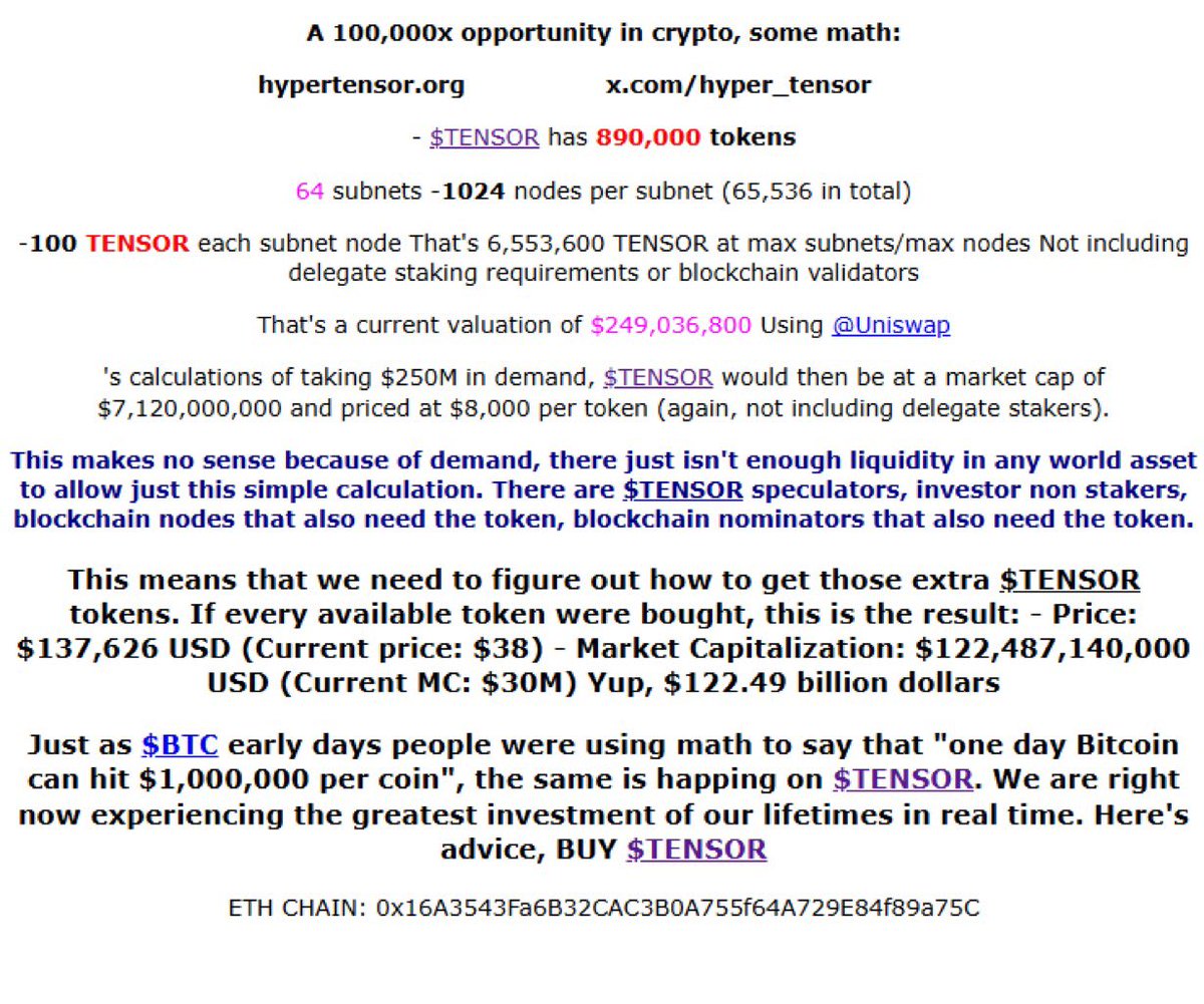 DZdoski's tweet image. DO YOUR  MATH $TENSOR is still sooo crazy undervalued for what is being built. It is essentially like $TAO but with a different, highly innovative p2p technique in the background.
#hypertensor #Blockchain #artificalintelligence #new ai token
