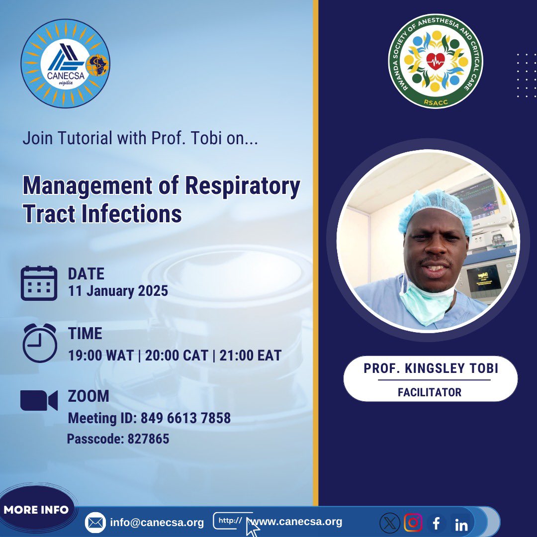 New Year compliments! 🎉 Start 2025 by learning with Prof. Tobi! This Saturday, join his tutorial on the Management of Respiratory Tract Infections and gain practical insights to boost your medical expertise.