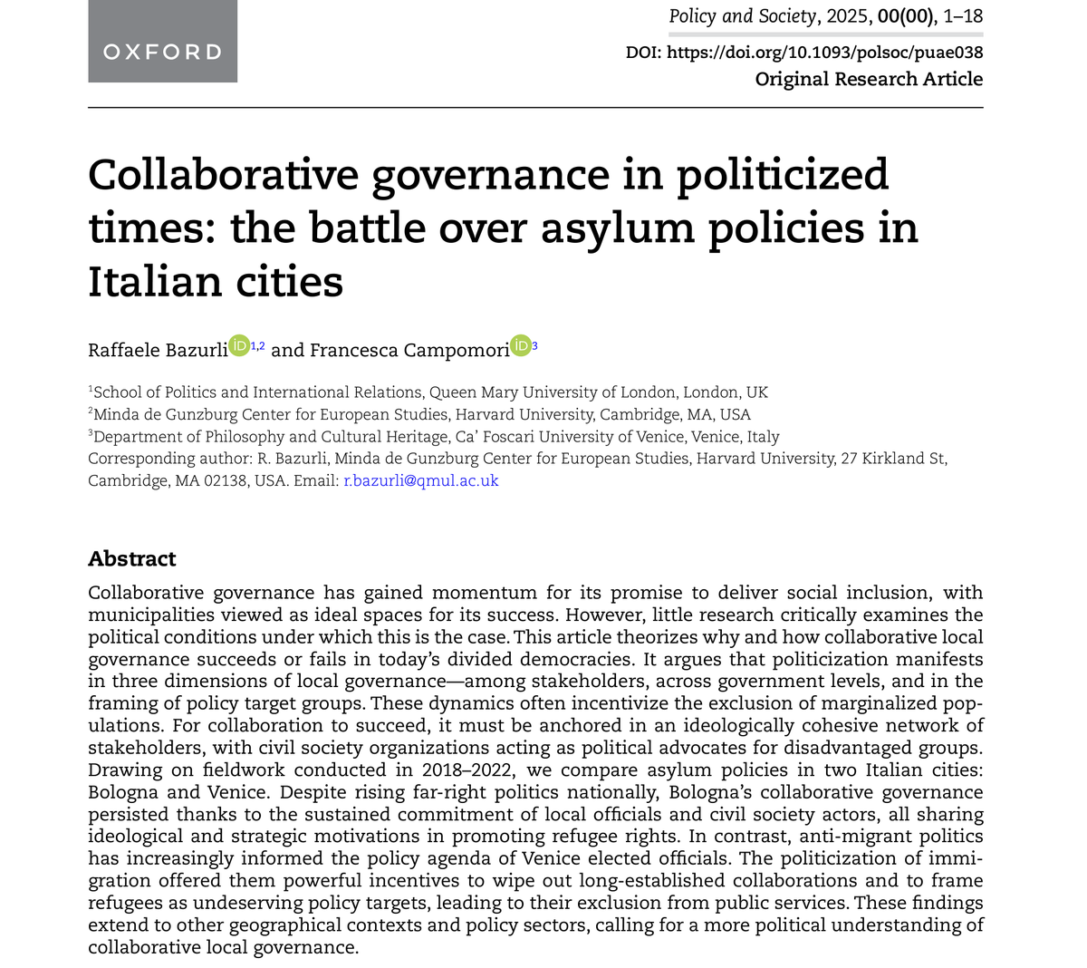 Raffaele Bazurli (@raffaelebazurli) on Twitter photo New paper!
With <a href="/Francicampomori/">Francesca Campomori</a>, we explore how to rethink collaborative governance in today’s contentious times, drawing on fresh evidence from asylum policies in Bologna and Venice (Italy).
Now open access in <a href="/PolicySociety/">Policy & Society Journal</a>: doi.org/10.1093/polsoc… New paper!
With <a href="/Francicampomori/">Francesca Campomori</a>, we explore how to rethink collaborative governance in today’s contentious times, drawing on fresh evidence from asylum policies in Bologna and Venice (Italy).
Now open access in <a href="/PolicySociety/">Policy & Society Journal</a>: doi.org/10.1093/polsoc…