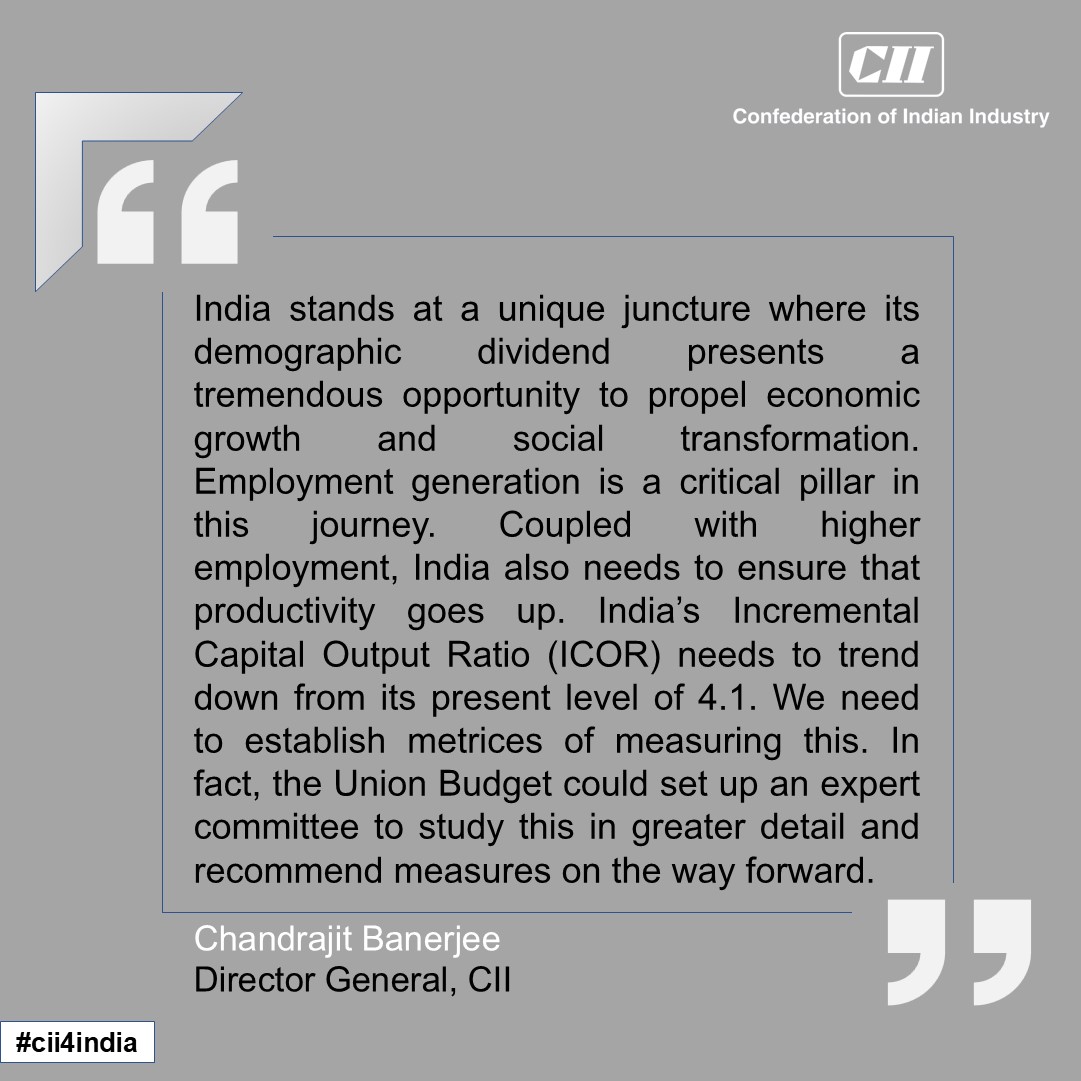FollowCII's tweet photo. Ahead of the upcoming Union Budget 2025-26, @CB_CII, Director General, CII, shares a comprehensive set of #CIIrecommendations to harness India’s demographic dividend. Read more➡️ https://t.co/v8QEHwku5s
#CII4Budget2025 #UnionBudget2025 #Budget2025 #EmploymentGeneration #cii4india @nsitharamanoffc @FinMinIndia @CII_Skills
