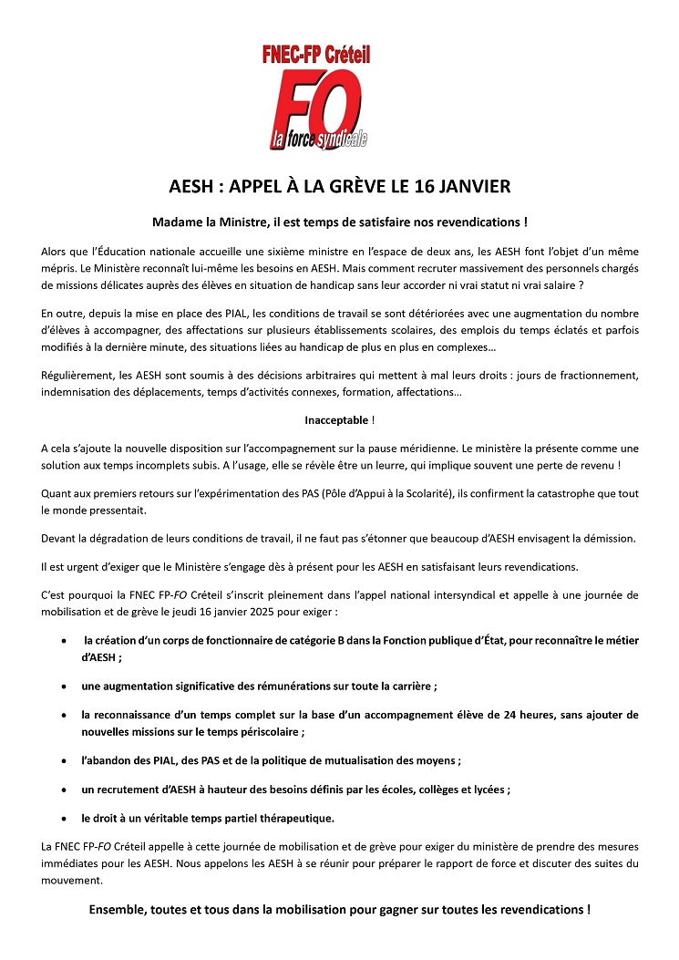 FNEC-FP-FO Créteil

AESH : APPEL À LA GRÈVE LE 16 JANVIER
Madame la Ministre, il est temps de satisfaire nos revendications !