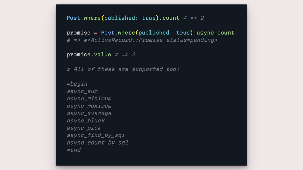 rails's tweet image. #RailsTip: Rails 7.1 expanded the #ActiveRecord API with new methods that enable asynchronous execution of aggregate methods, as well as any methods returning a single record or non-Relation result, including &apos;find_by_sql&apos;. More in the API docs: api.rubyonrails.org/classes/Active…
