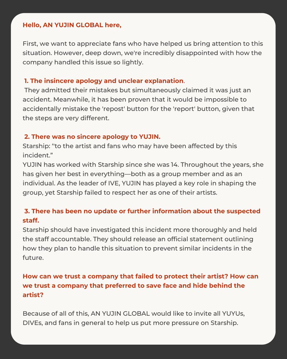 ANYUJIN_GLOBAL's tweet photo. We demand immediate action to protect AN YUJIN!

1. Apologize to Yujin!
2. Investigate the case thoroughly and hold the staff accountable!
3. Release official statement in CN, KR, EN!

STARSHIP APOLOGIZE TO ANYUJIN
#StarshipProtectANYUJIN #ProtectAnYujin
@IVEstarship @STARSHIPent https://t.co/ynqkodDaHM