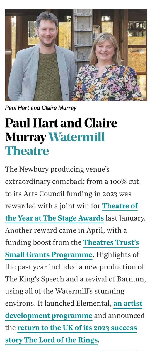 Quite something to be named in <a href="/TheStage/">The Stage</a> 100! Delighted to be representing all the brilliant people who have made this a stand-out year for The Watermill. 
Grateful and humbled to be recognised amongst so many other wonderful industry colleagues.