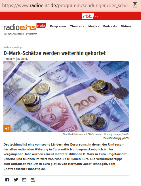 Flockige D-Mark-Zeiten: Tatsächlich haben 2024 fast 100.000 mal Menschen bei der <a href="/bundesbank/">Deutsche Bundesbank</a> D-Mark in Euro getauscht - wo kommen die alle her? Aus Omas  Schrank, vom #Balkan? In Montenegro, <a href="/kosovo/">Kosovo</a>  + #Bosnien war die Mark auch mal Währung. Details bei #Radioeins +<a href="/Finanztip/">Finanztip</a>