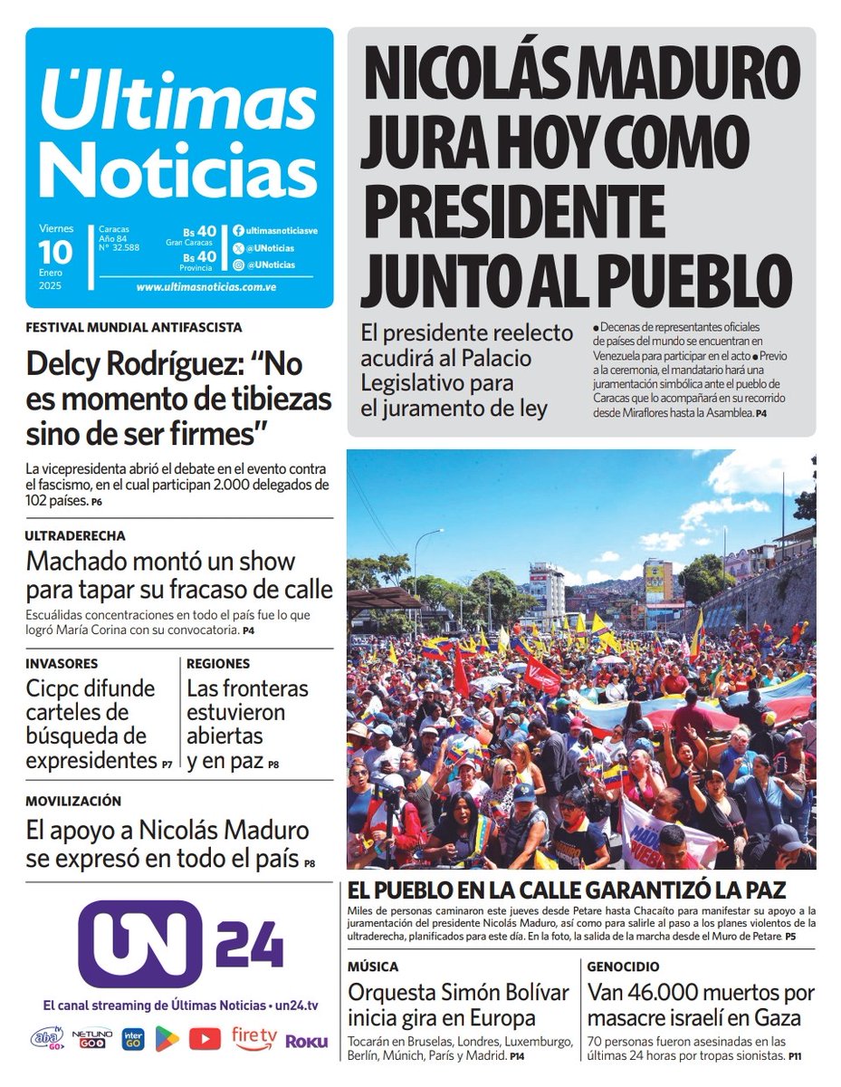 UNoticias's tweet image. 👋 ¡Buenos días! Presentamos nuestra #PortadaDelDía🗞️  #ÚltimasNoticias #10Enero

📲 Visita nuestro portal web ultimasnoticias.com.ve