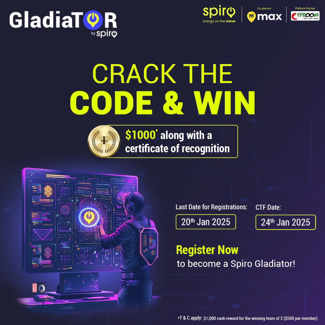 SpiroUganda's tweet image. Ready to Crack the Code? 💻💥
Join Spiro’s Capture The Flag challenge for a shot at $1,000 + a certificate of recognition! 🏆
🗓️ Register now: 07–20 Jan 2025
👉 spiro.ctfroom.com/event/spiro_gl…
The clock is ticking—secure your spot!
#UCUniversity #codingforall