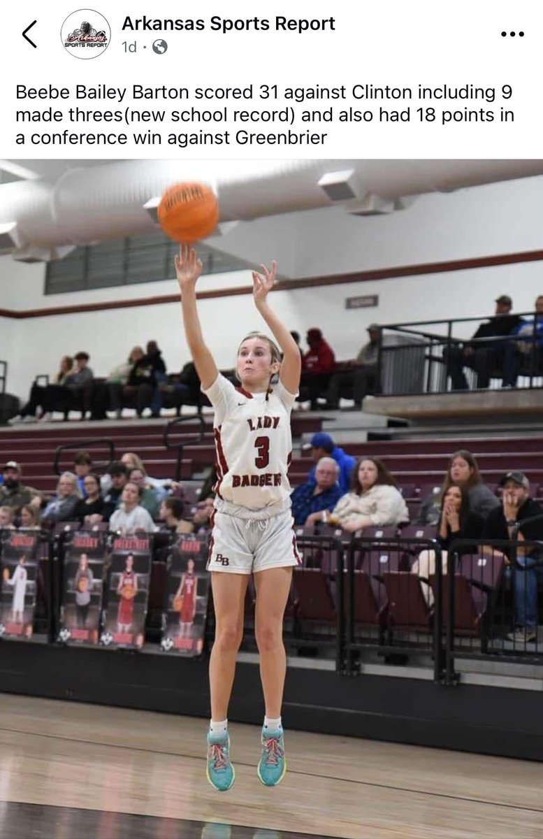 Bailey Barton (@bbarton_2027) on Twitter photo Lady Badgers 14-2 on the season! Last 2 games:
vs Clinton:
31 pts, 5 rb, 3 ast, 1 st, 1 bk
vs Greenbrier:
18 pts, 6 ast, 2 st, 1 rb
<a href="/hkhealy/">Heather Healy</a> <a href="/CoachJARiley/">Jordan Riley</a> <a href="/AYSABasketball/">AmericanYouthSportsAssociation (AYSA)</a> <a href="/ArSportsNet/">Arkansas Sports Network</a> <a href="/nbnbball/">Coach TJ Jones</a> <a href="/_BlakeDerrick/">Blake Derrick</a> <a href="/Nextupsportsnu/">Next Up</a> <a href="/ARPrepSports/">Arkansas Prep Sports</a> Lady Badgers 14-2 on the season! Last 2 games:
vs Clinton:
31 pts, 5 rb, 3 ast, 1 st, 1 bk
vs Greenbrier:
18 pts, 6 ast, 2 st, 1 rb
<a href="/hkhealy/">Heather Healy</a> <a href="/CoachJARiley/">Jordan Riley</a> <a href="/AYSABasketball/">AmericanYouthSportsAssociation (AYSA)</a> <a href="/ArSportsNet/">Arkansas Sports Network</a> <a href="/nbnbball/">Coach TJ Jones</a> <a href="/_BlakeDerrick/">Blake Derrick</a> <a href="/Nextupsportsnu/">Next Up</a> <a href="/ARPrepSports/">Arkansas Prep Sports</a>
