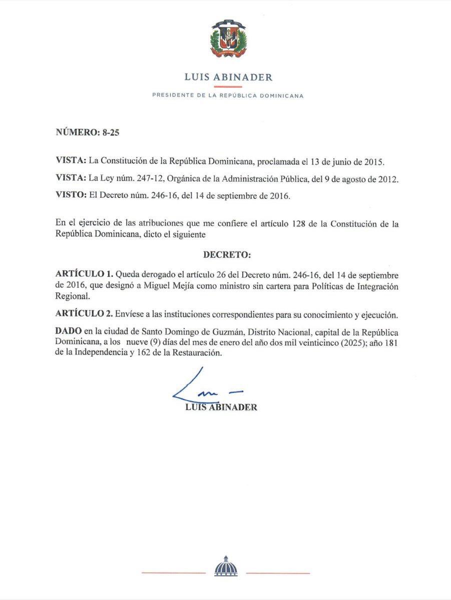 UHN_Plus's tweet photo. 🇩🇴🇻🇪 | URGENTE

El presidente de República Dominicana, Luis Abinader, destituyó al ministro Miguel Mejía tras su viaje a Caracas para asistir al ilegítimo intento de toma de posesión de Maduro. Mejía deberá quedarse en Venezuela, enviando un claro mensaje de rechazo a la complicidad con la dictadura.

#OjosEnVenezuela #EdmundoPresidente