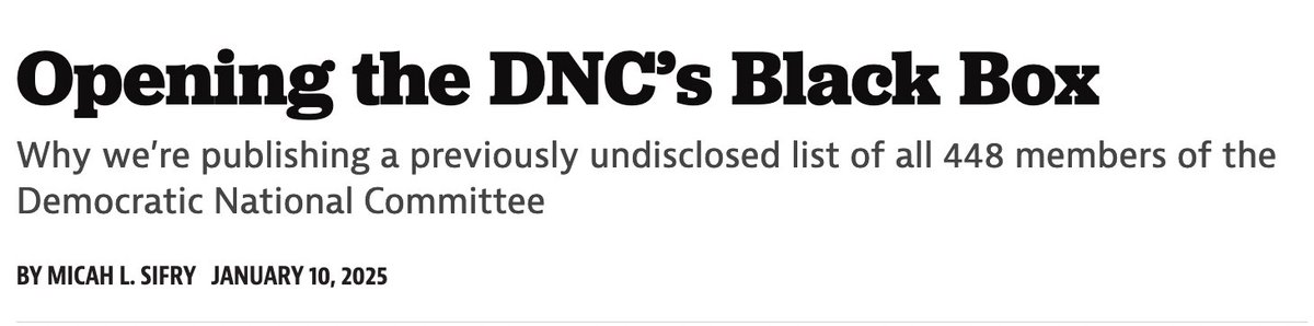 ddayen's tweet photo. The DNC will choose a new chair Feb 1. But the names of the members who will vote is secret, even to *other members.*
Until today. We are publishing a list of all 448 voting members of the DNC, to show how power is concentrated &amp; flows inside the national party. https://t.co/QIFimFF5qY