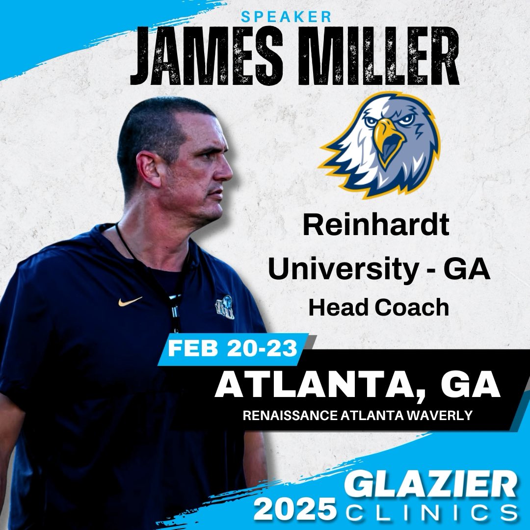 Reinhardt Football (@reinhardtfb) on Twitter photo Our very own Head Coach <a href="/Coach_JMiller/">James Miller</a> will be speaking at the <a href="/GlazierClinics/">Glazier Clinics</a> in February! Lock in the date! #RU # PTP Our very own Head Coach <a href="/Coach_JMiller/">James Miller</a> will be speaking at the <a href="/GlazierClinics/">Glazier Clinics</a> in February! Lock in the date! #RU # PTP