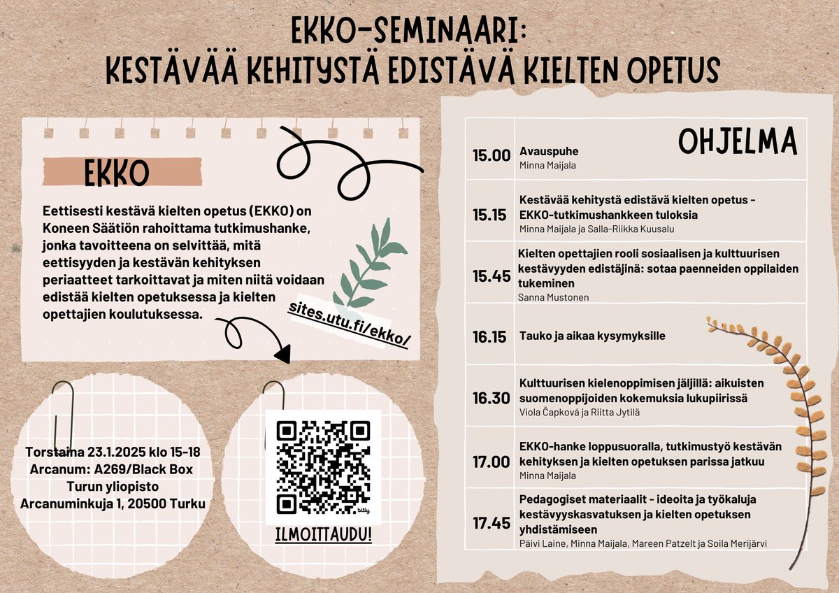 EKKO - Ethical and Sustainable Language Teaching (@ekkoatutu) on Twitter photo Tervetuloa EKKO-seminaariin 23.1. klo 15-18. Ilmoittaudu mukaan viimeistÀÀn 22.1. bit.ly/EKKO2301
Tapahtumassa esitellÀÀn Koneen sÀÀtiön rahoittaman EKKO-hankkeen tutkimustuloksia ja opetusmateriaaleja. Paikalla myös vierailevia luennoitsijoita. <a href="/KoneenSaatio/">Koneen SÀÀtiö</a> Tervetuloa EKKO-seminaariin 23.1. klo 15-18. Ilmoittaudu mukaan viimeistÀÀn 22.1. bit.ly/EKKO2301
Tapahtumassa esitellÀÀn Koneen sÀÀtiön rahoittaman EKKO-hankkeen tutkimustuloksia ja opetusmateriaaleja. Paikalla myös vierailevia luennoitsijoita. <a href="/KoneenSaatio/">Koneen SÀÀtiö</a>