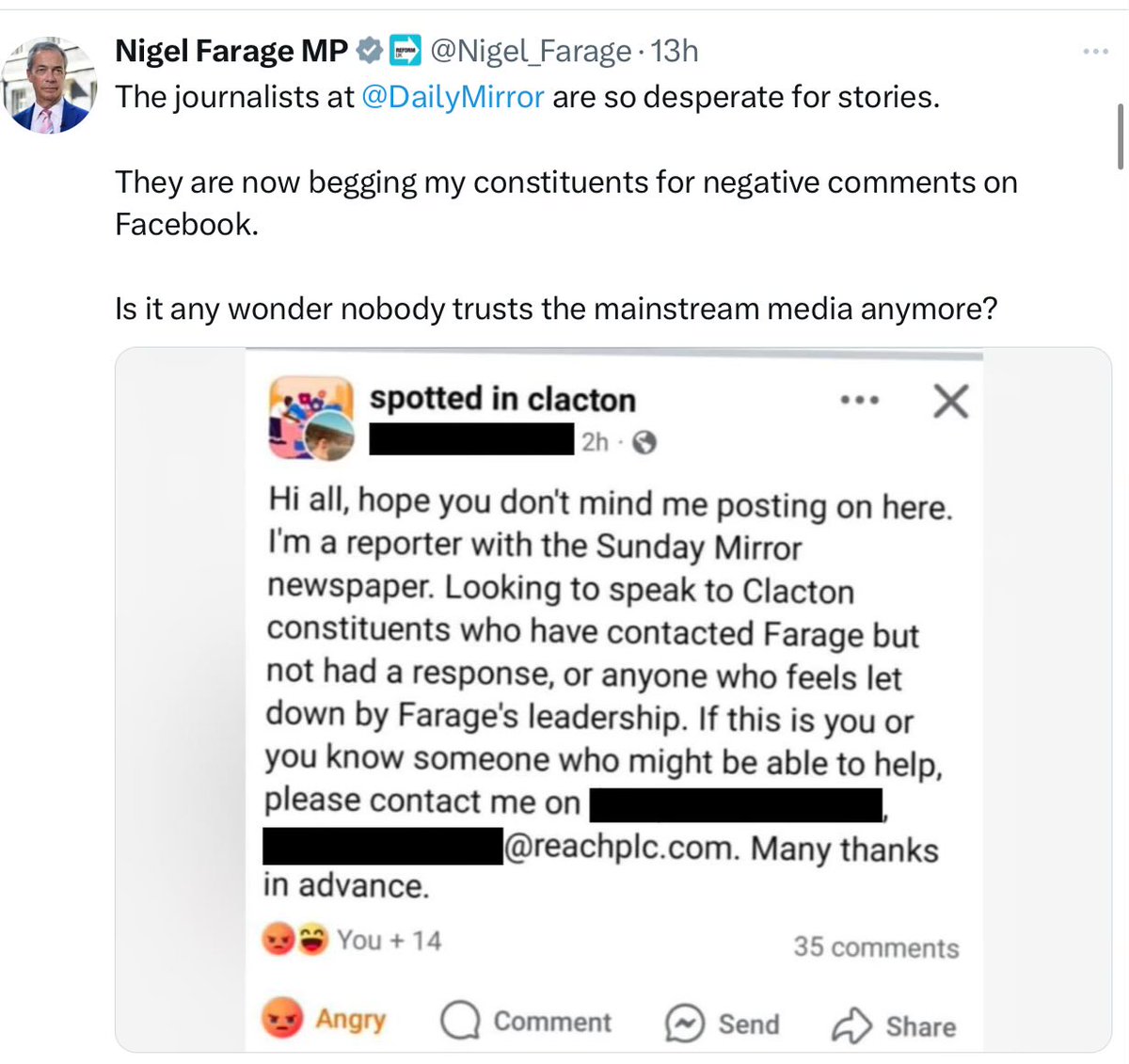 James85fletcher's tweet photo. @Nigel_Farage having a #tantrum because someone is checking he is doing his #job.
Meanwhile, someone who works for his company is wasting #HomeOffice time and money seeking information that would aid an #enemy of #UK #democracy.
#Traitors #Treason #FifthColumnists #Quisling https://t.co/3ri2sbMJ4e