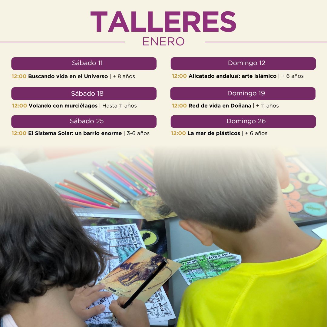 Casa Ciencia Sevilla (@casaciencia_sev) on Twitter photo 🔴#Enero llega con interesantes talleres científicos: descubre la inmensidad del espacio, las curiosidades de arte islámico, el papel de los murciélagos, las interacciones entre especies o la contaminación oceánica
📩Previa reserva: reservas.museo@casadelaciencia.csic.es 🔴#Enero llega con interesantes talleres científicos: descubre la inmensidad del espacio, las curiosidades de arte islámico, el papel de los murciélagos, las interacciones entre especies o la contaminación oceánica
📩Previa reserva: reservas.museo@casadelaciencia.csic.es