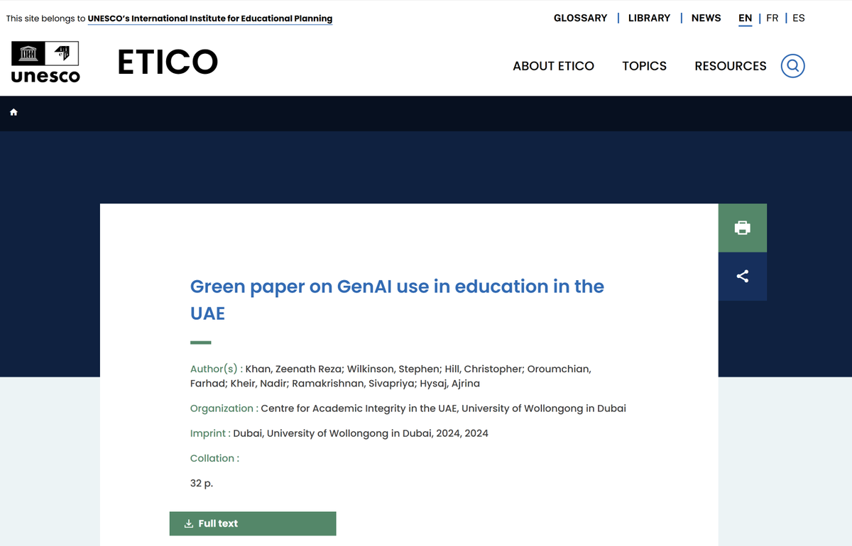 Check out our #greenpaper on #genAI use in education in the #UAE, now available through <a href="/ETICO_IIEP/">Muriel Poisson</a>  platform.

Link - lnkd.in/dKVd9ekw

@uowd @uow <a href="/ENAIntegrity/">ENAI</a>