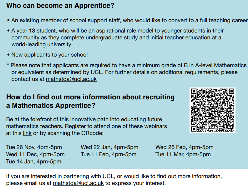 AMSP London & South East (@amsplon_se) on Twitter photo Invitation to Partner with UCL <a href="/IOE_London/">IOE, UCL's Faculty of Education & Society</a> to recruit and develop secondary mathematics teachers
<a href="/cosette_crisan/">Cosette Crisan</a> is Programme Leader for their new Secondary Mathematics Teacher Degree Apprenticeship programme
Message if you'd like a copy of the flyer Invitation to Partner with UCL <a href="/IOE_London/">IOE, UCL's Faculty of Education & Society</a> to recruit and develop secondary mathematics teachers
<a href="/cosette_crisan/">Cosette Crisan</a> is Programme Leader for their new Secondary Mathematics Teacher Degree Apprenticeship programme
Message if you'd like a copy of the flyer