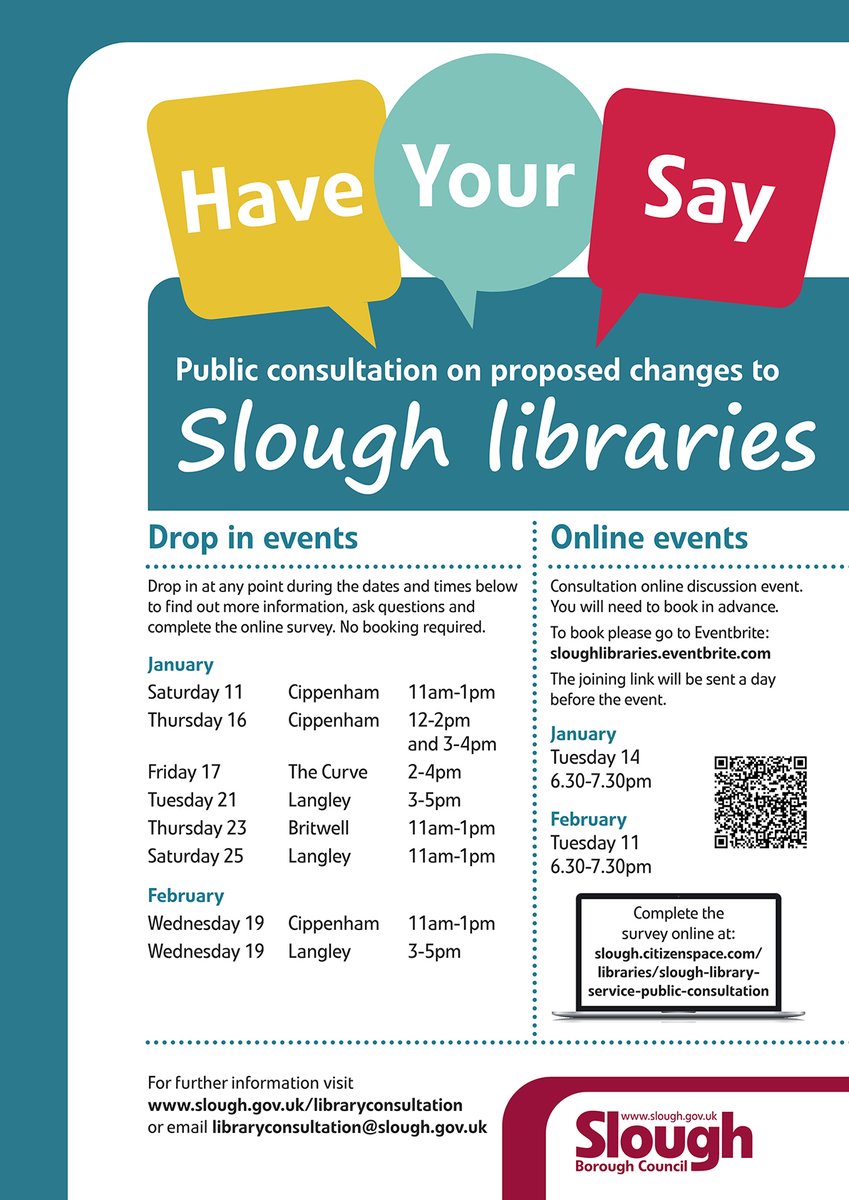 Our first drop in for the Slough Libraries public consultation is tomorrow 11th January 11-1 at Cippenham Library. Find out more about the proposals, ask questions and complete the online survey. More sessions, online and in person, to follow over the coming weeks.