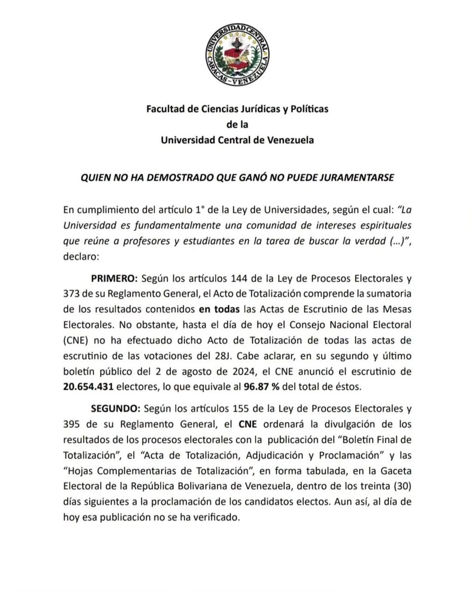 En cumplimiento  de la Ley de Universidades el Decano de la Facultad de Ciencias  Jurídicas  y Políticas de la UCV fijo  posición sobre la proclamación  como Presidente de Nicolas Maduro. Incomprensible el silencio del Consejo  Universita