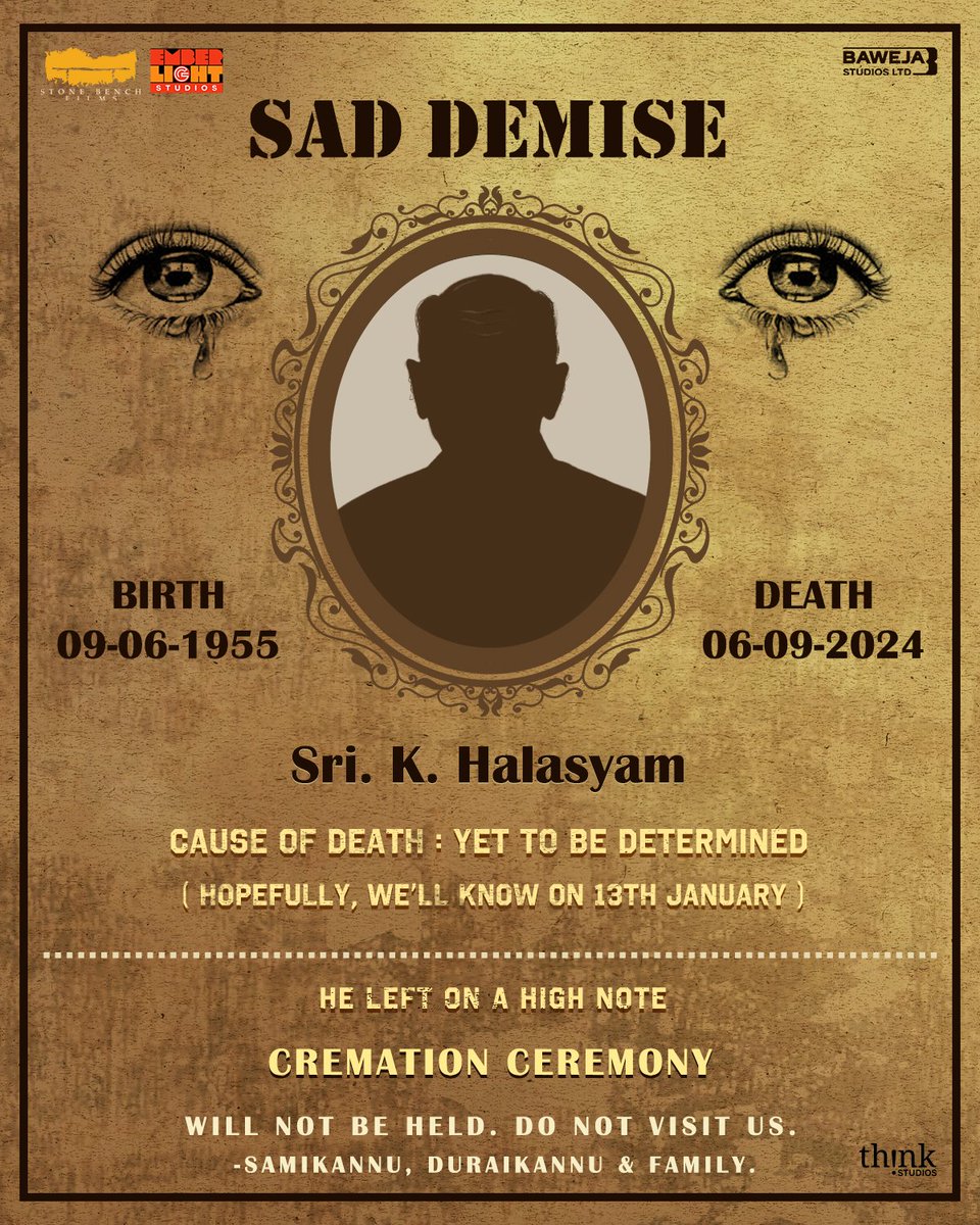 Stone Bench (@stonebenchers) on Twitter photo Join Samikannu, Duraikannu & family to uncover the root cause of this HIGH-ly profound loss ๐๐ผ๐
#StoneBench16TitleReveal on Jan 13th ๐
<a href="/kaarthekeyens/">Kaarthekeyen S</a> #HarmanBaweja #HiranyaPerera <a href="/karthiksubbaraj/">karthik subbaraj</a> <a href="/sainsasi/">Sasi Kanth</a> <a href="/stonebenchers/">Stone Bench</a> #EmberLightStudios <a href="/bawejastudios/">Baweja Studios</a> @thinkstudiosind Join Samikannu, Duraikannu & family to uncover the root cause of this HIGH-ly profound loss ๐๐ผ๐
#StoneBench16TitleReveal on Jan 13th ๐
<a href="/kaarthekeyens/">Kaarthekeyen S</a> #HarmanBaweja #HiranyaPerera <a href="/karthiksubbaraj/">karthik subbaraj</a> <a href="/sainsasi/">Sasi Kanth</a> <a href="/stonebenchers/">Stone Bench</a> #EmberLightStudios <a href="/bawejastudios/">Baweja Studios</a> @thinkstudiosind