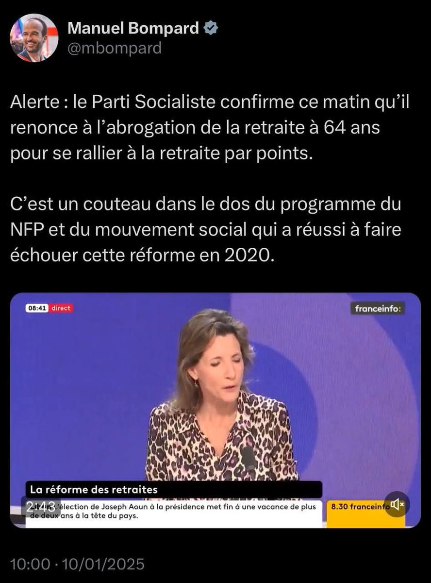 Je me suis battu dans l'hémicycle en 2019 contre la réforme inique de la retraite par points. Le PS en fait la promotion. C'est une honte absolue pour le PS qui n'a vraiment plus rien de socialiste . Macron en a rêvé, le PS le fait.