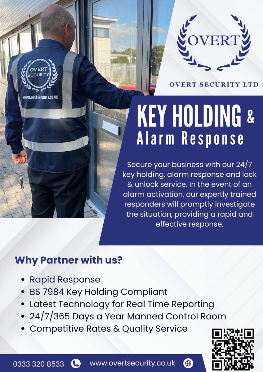 OvertSecurity's tweet photo. Secure your business with our 24/7 key holding, alarm response and lock & unlock service. In the event of an alarm activation, our expertly trained responders will promptly investigate the situation, providing a rapid and effective response.
#keyholding #alarmresponse https://t.co/Y2INKBB602
