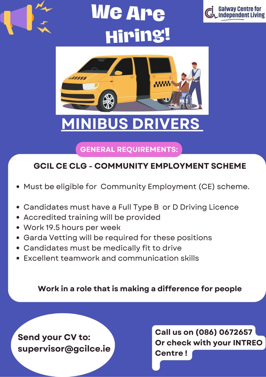 Galway CIL CE Scheme CLG are looking for #MinibusDrivers  to join a well-established Accessible Transport Service  which runs Monday to Thursday for its Members  Details on Poster  #GalwayCity #GalwayCounty #CEScheme #Driver
<a href="/DisabilityFed/">DFI</a>